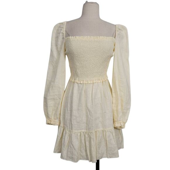 Aritzia Wilfred Tempest Organic Linen Smocked‎ Mini Dress Sz S Tapioca Yellow - Picture 1 of 11
